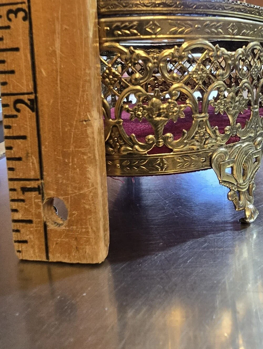 Vintage Matson 24K Gold Plated Heart Jewelry Box Casket Beveled Glass Filigree - Picture 15 of 16